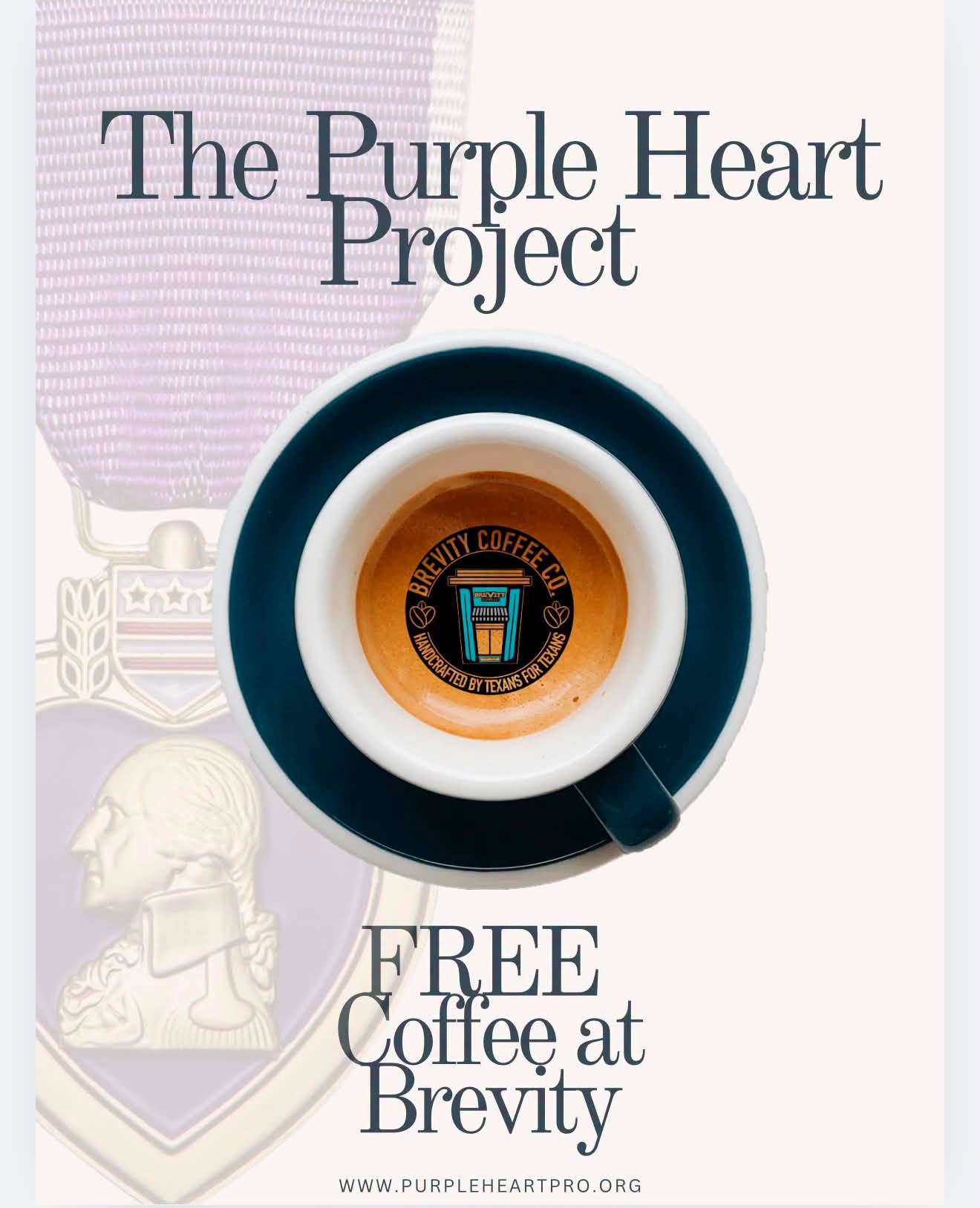 Free Coffee at Brevity Coffee event flyer, The Purple Heart Project, Sunday June 14, 9am-12pm, Boerne TX